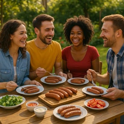Fröhliche Gruppe von Freunden beim sommerlichen Grillen mit Tellern voller Bratwürste im Garten.