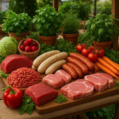 Frischer Marktstand mit regionalem Fleisch, Würsten, Kräutern und saisonalem Gemüse im Freien.