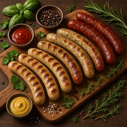 Verschiedene gegrillte Bratwürste auf rustikalem Holzbrett mit frischen Kräutern, Gewürzen, Senf und Ketchup.