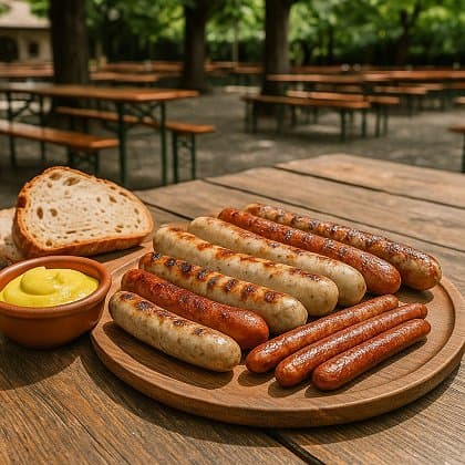 Rustikaler Holztisch mit verschiedenen regionalen Bratwürsten, serviert mit Senf und frischem Brot, im Hintergrund gemütlicher Biergarten.