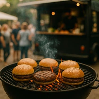 Frisch gegrillte Burger mit Sesambrötchen auf Holzkohlegrill vor einem Foodtruck bei einem Event.