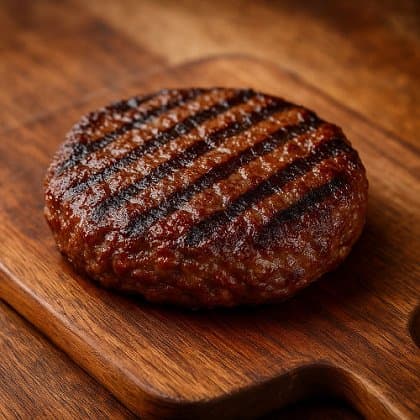 Saftiges Hamburgerpattie mit Grillstreifen auf rustikalem Holzbrett, perfekt für Burgervariationen.