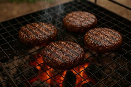 Vier saftige Hamburgerpatties mit Grillstreifen auf einem Holzkohlegrill mit glühenden Kohlen.