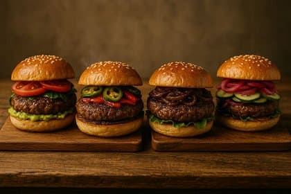 Vier Gourmet-Burger mit unterschiedlichen Toppings wie Avocado, Jalapeños und karamellisierten Zwiebeln.