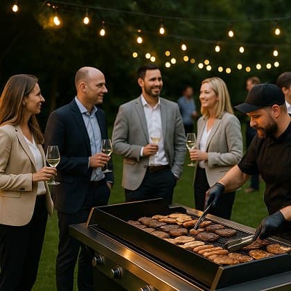 Business-Event im Freien mit Grillmeister am modernen BBQ-Grill und Gästen in Business-Casual unter Lichterkette im Rhein-Main-Gebiet