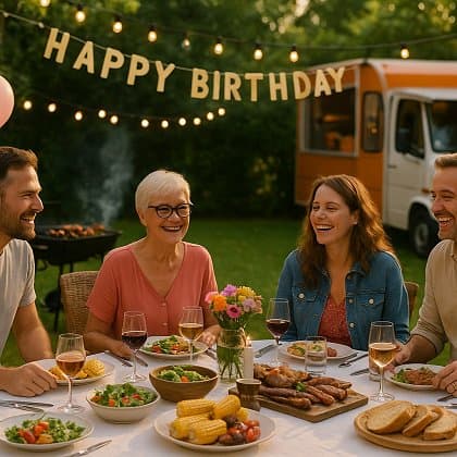 Grillcatering zum Geburtstag im Garten: festlich gedeckter Tisch mit BBQ-Spezialitäten, lachende Gäste, Foodtruck im Hintergrund, sommerliche Stimmung