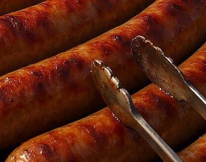 Nahaufnahme von knusprig gegrillten Bratwürsten auf dem Grill, mit Grillzange im Vordergrund – perfekt gebräunt.