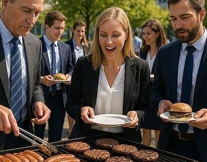 Businessleute beim BBQ: Mitarbeitende in Anzügen genießen Burger und Würstchen bei Firmenfeier