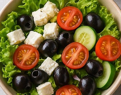Frischer griechischer Salat mit Oliven, Feta, Gurken und Tomaten in einer Schüssel auf grünem Blattsalat angerichtet.