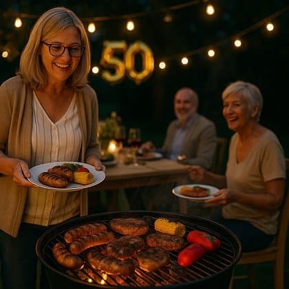 Ältere Menschen feiern 50. Geburtstag mit Grillabend im Garten bei Lichterkette, Würstchen und Gemüse auf dem Grill.