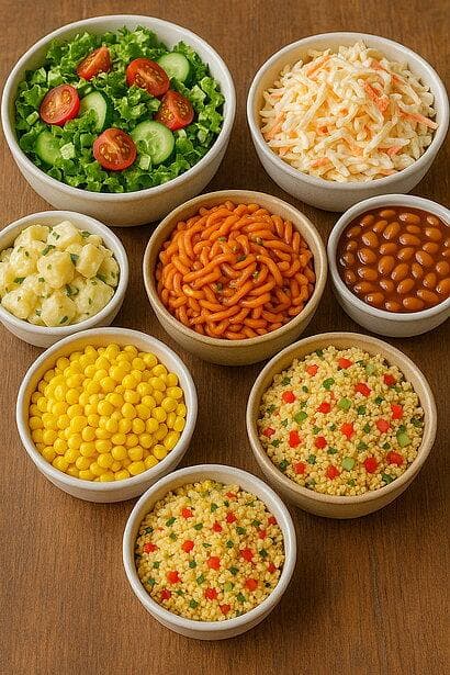 Bunte Auswahl an Beilagen: Couscous, Nudeln, Mais, Bohnensalat, Kartoffelsalat und frischer grüner Salat in Schüsseln serviert.