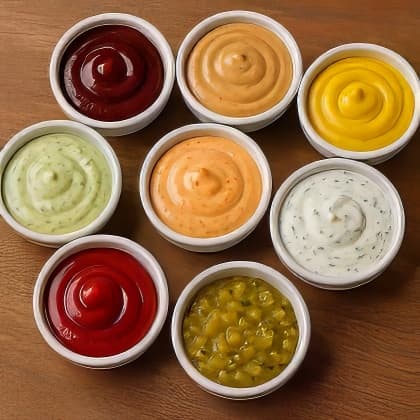 Neun bunte Dips in weißen Schälchen auf Holz – BBQ-Sauce, Senf, Remoulade, Cocktailsauce, Ketchup und Kräuter-Dips.