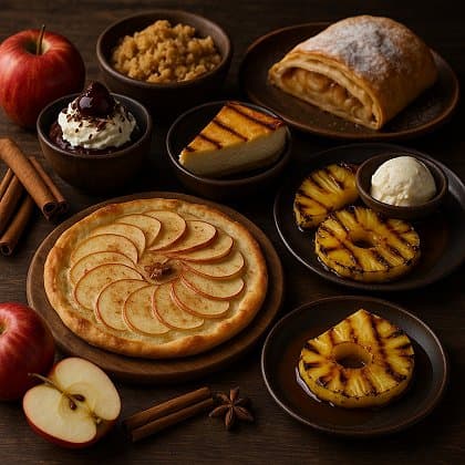 Hausgemachte Vorspeisen und Nachspeisen – Apfelflammkuchen, Apfelstrudel, gegrillte Ananas und Cheesecake