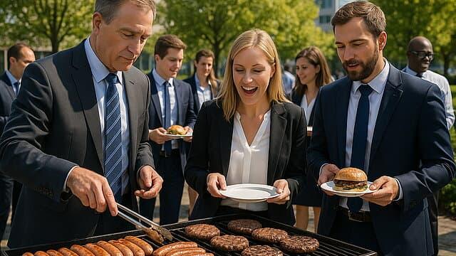 Menschen im Business-Outfit am Grill bei einem Firmenevent.