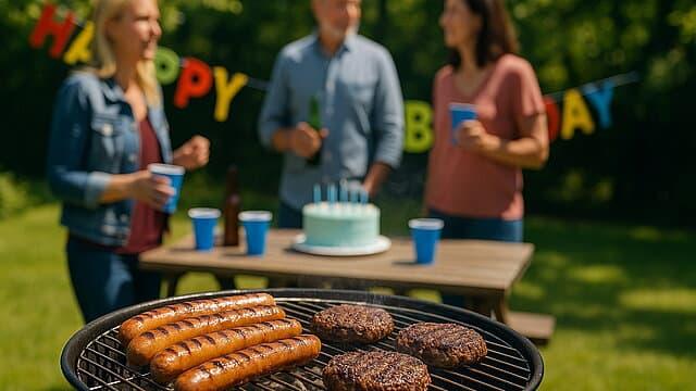 Grill mit Würstchen und Burgern, Geburtstagsfeier im Garten mit Gästen.