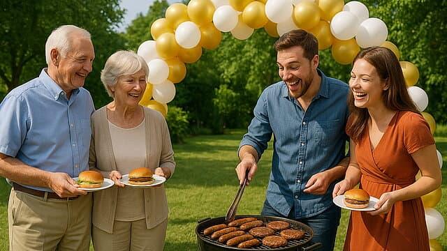 Junge Familie grillt Burger beim Gartenfest mit Luftballonbogen