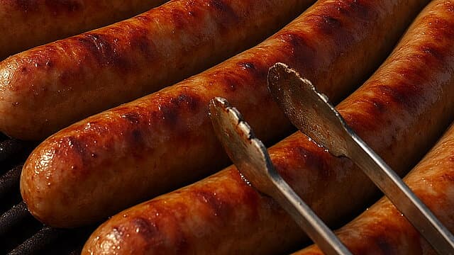 Nahaufnahme von gegrillten Bratwürsten mit Grillzange.