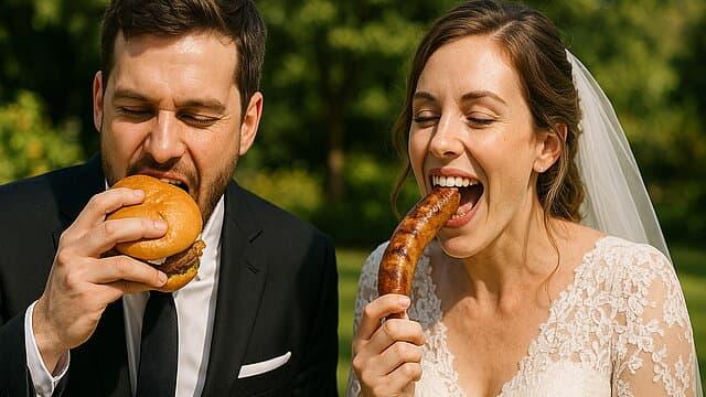 Braut und Bräutigam genießen Burger und Bratwurst beim Hochzeitsgrillen